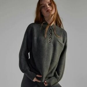 Lunya Women's‎ Cotton Silk Pocket Henley Sweater Grey Heather Size L/XL Cozy